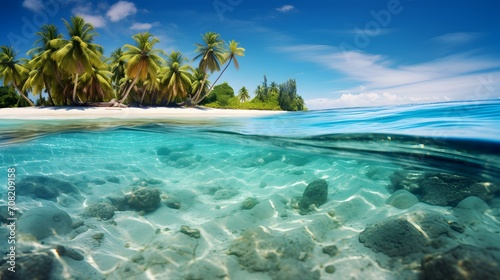 Beach with palm trees and crystal clear water. Idyllic tropical island in summer. 