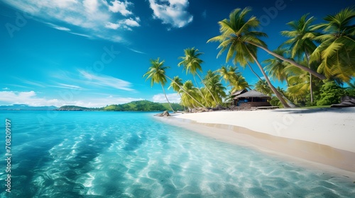 Beach with palm trees and crystal clear water. Idyllic tropical island in summer. © Ziyan Yang