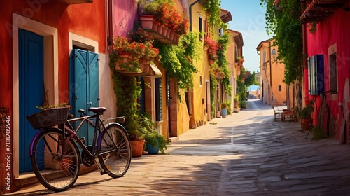 Narrow street of the village of fishermen San Guiliano with colorful houses and a bicycle in early morning in Rimini  Italy
