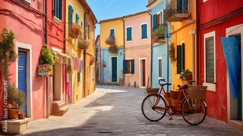 Narrow street of the village of fishermen San Guiliano with colorful houses and a bicycle in early morning in Rimini, Italy © Ziyan Yang