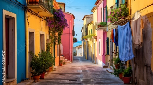 Narrow street of the village of fishermen San Guiliano with colorful houses and a bicycle in early morning in Rimini, Italy