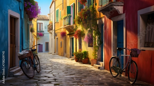 Narrow street of the village of fishermen San Guiliano with colorful houses and a bicycle in early morning in Rimini, Italy photo