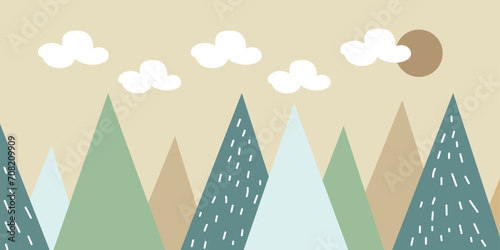 Mountain landscape. Clouds, mountains, and sunlight. for posters, banners for websites, wallpapers, and décor for kids. Vector ilustration. Children's wallpaper. Hand drawn in scandinavian style.