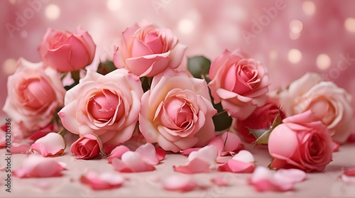 pink roses on light pink illuminated by the sun background and bokeh with copy space. Valentines day  birthday or anniversary.