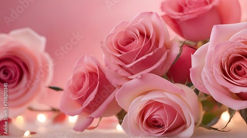 pink roses on light pink illuminated by the sun background and bokeh with copy space. Valentines day, birthday or anniversary.
