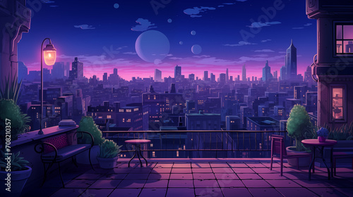 cute lo-fi music background for city night study in the room or terasse purple base color 
