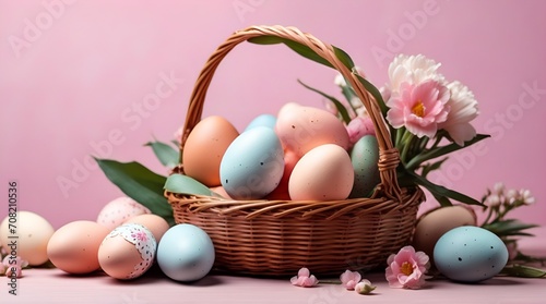Basket with colorful Easter eggs and blooming flowers on the table on pink background, copy space.