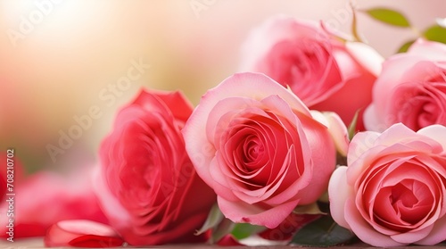pink roses on light pink illuminated by the sun background and bokeh with copy space. Valentines day  birthday or anniversary.