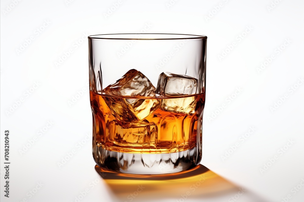 Premium whisky glass on white background with ample space for text placement and branding