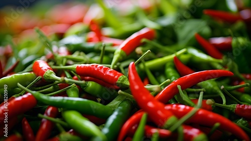 Red Chillies and Green Chillies Background,Selective focus.Thai chillies.Organic ingredient thai food.