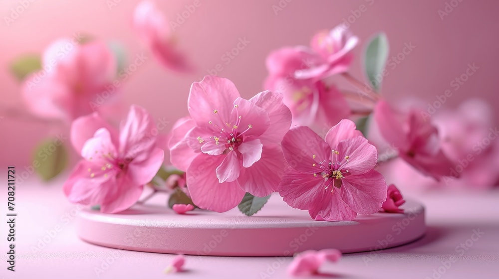 Podium in the flower background. Studio podium for product advertising. Stage stand. Blank podium. Display platform Podium in the flower background. Studio podium for product advertising. Stage stand. Blank podium. Display platform