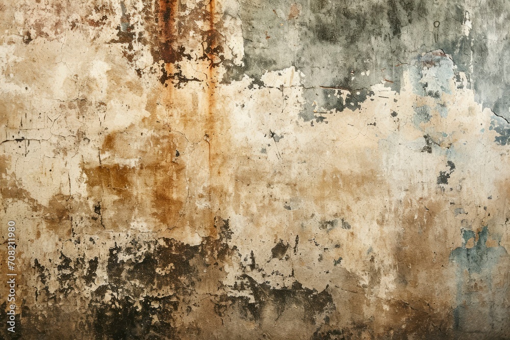 Distressed Yellow Brown Old Brick Wall With Graffiti Street Art. Background And Painted Lines And Draw. Abstract Grunge Modern Grafitty Wallpaper. Abstract Plastered Wall Web Banner. Design Element.