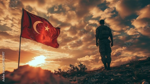 Turkish soldier, Turkish flag and war concept photo