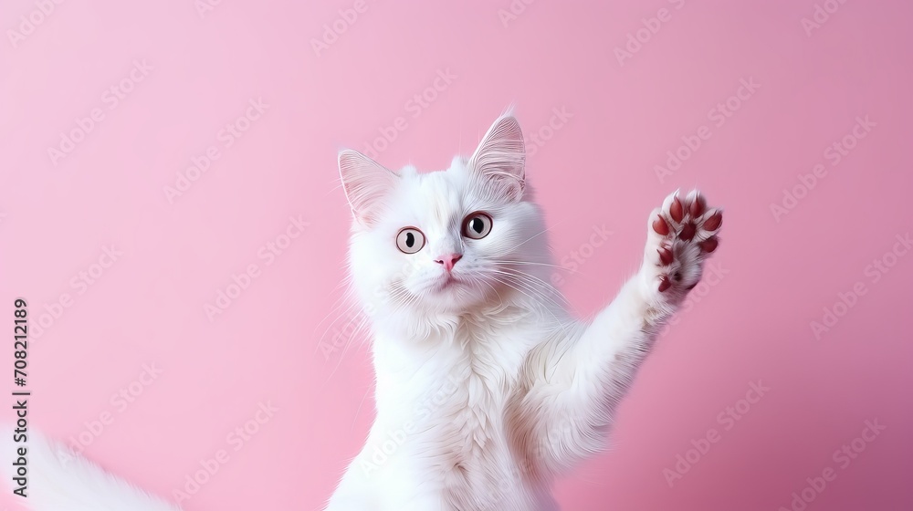 Friendly cat giving high five on white background with copy space available for text placement