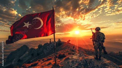 Turkish soldier, Turkish flag and war concept photo