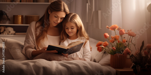Mother and her daugther reading a book together as a bedtime story or learning new things © Erzsbet
