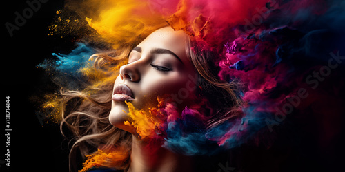 portrait of a woman with colorful dust explosing arround