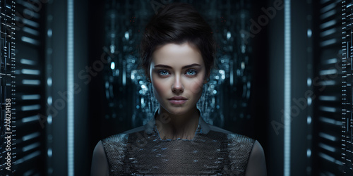 Portrait about a human like android woman with young woman face but cables and electronic body  technology in the future  photo