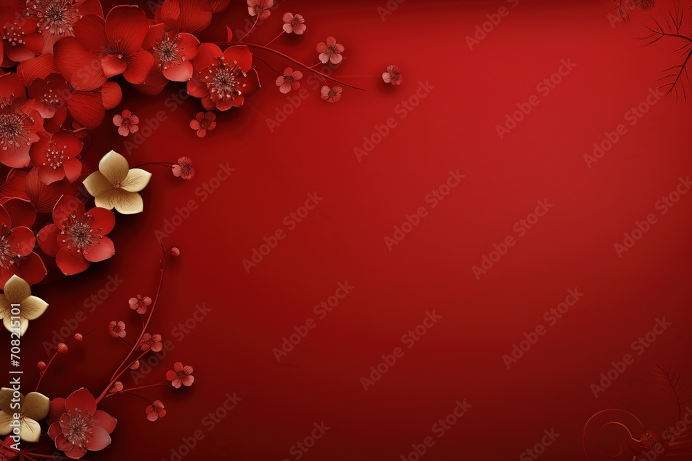 Chinese new year red background with red flowers and leaves, Vector illustration, Ai Generated - obrazy, fototapety, plakaty 