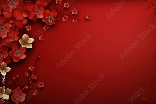 Chinese new year red background with red flowers and leaves, Vector illustration, Ai Generated photo