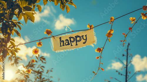 木の間ににぶら下げた、'happy'「幸せ」と青色で書かれている麻布のガーランド、青空の太陽の逆光の木漏れ日とオレンジのお花