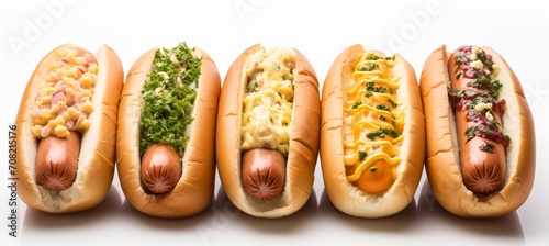 Delicious french hot dogs with assorted sauces on white background perfect for text placement