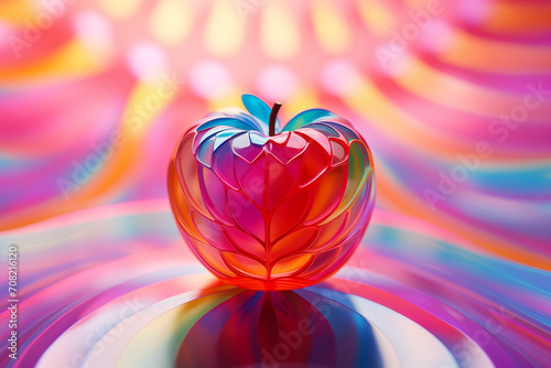 Glass red apple on neon background