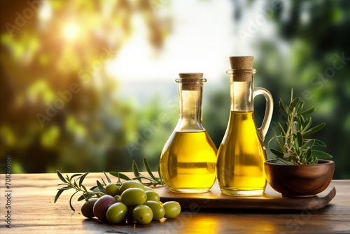 Organic homemade olive oil bottle on blurred defocused background with copy space for text placement