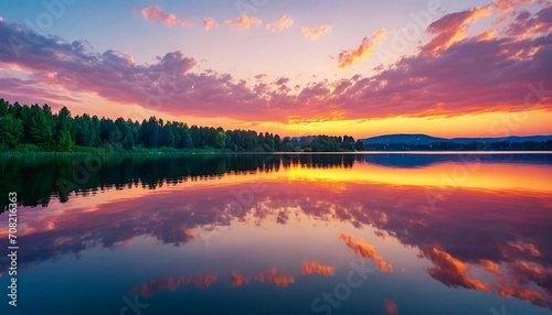 Beautiful capture of a vibrant sunset over a serene lake, with colorful reflections shimmering on the water. Generative AI © Craig