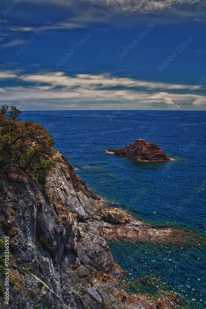 Cinque Terre Mediterranean Sea views along town hiking trail Italian Riviera coastline. Liguria, Italy, Europe. 2023 Summer. Cinque Terre Mediterranean Sea views along town hiking trail Italian Riviera coastline. Liguria, Italy, Europe. 2023 Summer.