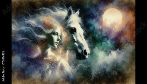 Whispers of the Cosmos: Dreamy Watercolor of a Woman and the Celestial Horse