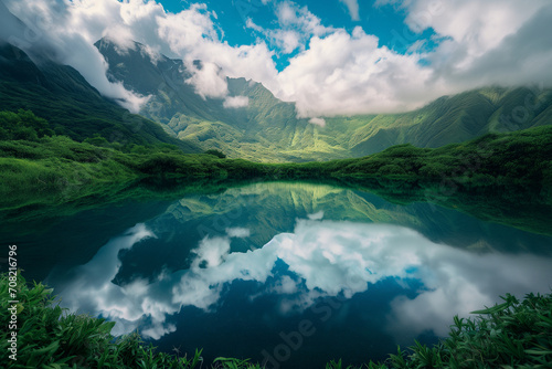 lake and mountains, surreal magical landscape