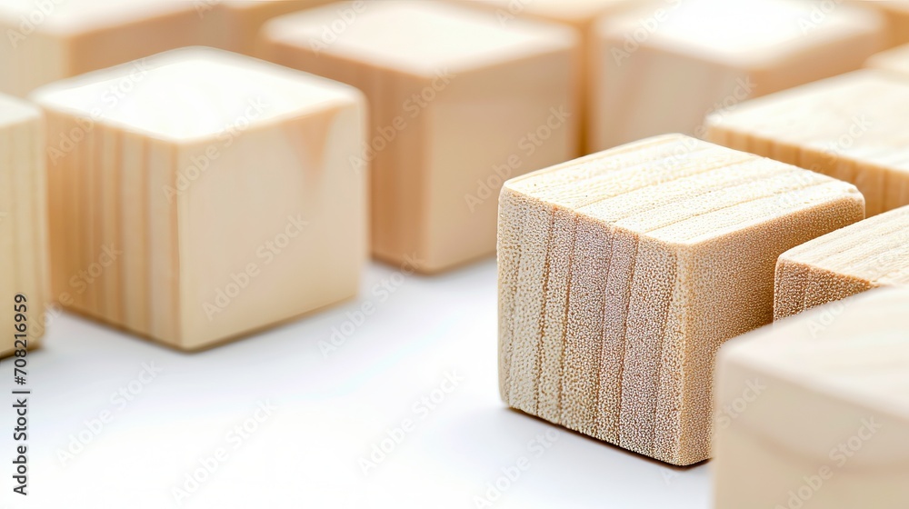 Arrangement of small wooden blocks in a row on solid textured background for easy text placement Arrangement of small wooden blocks in a row on solid textured background for easy text placement
