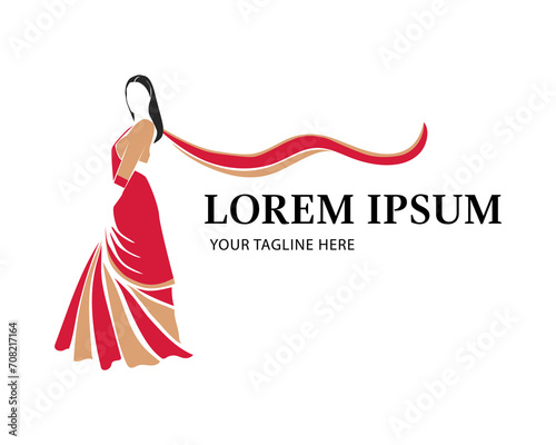 beauty and fashion logo design template, with beautiful indian woman wearing saree dress illustration