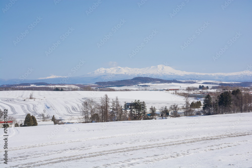 融雪剤が撒かれた雪の畑と山並み　大雪山
