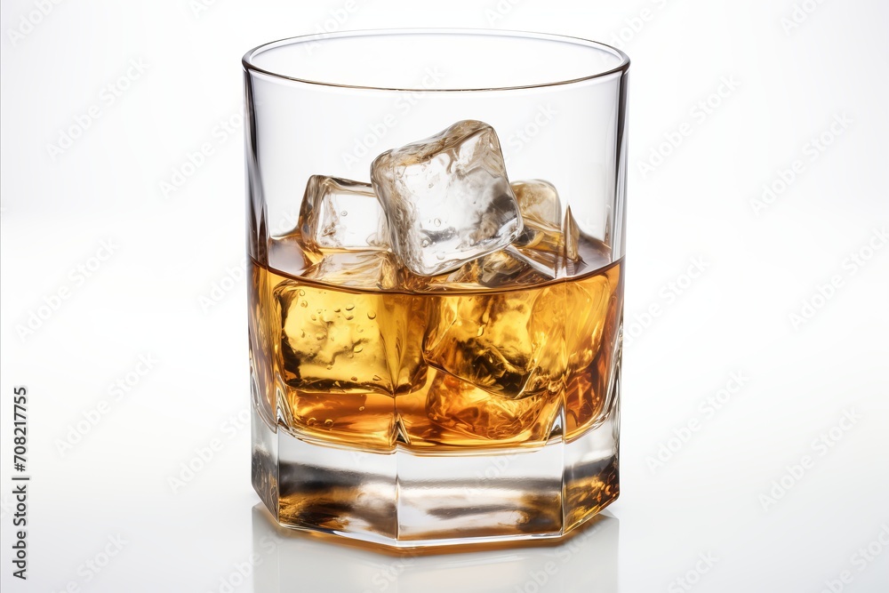 Stylish whisky glass on white background with text space for branding or copy placement