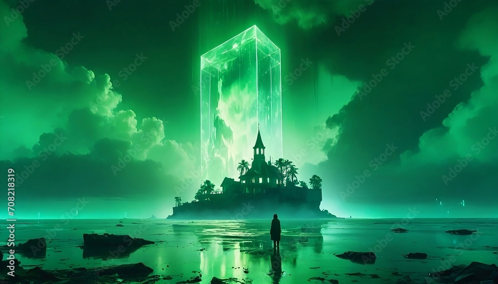 A floating crystal palace above a turbulent neon-green sea  with a hidden portal in a cloud of mist  illuminated by the auroras of a distant nebula on a summer evening. Generative AI