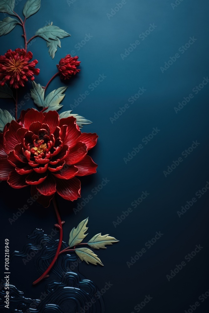 Frame made of red flowers on dark blue background with copy space. Floral chinese New Year decoration in vintage style. Greeting card template for Wedding, Valentine, Mother's or Women's day Frame made of red flowers on dark blue background with copy space. Floral chinese New Year decoration in vintage style. Greeting card template for Wedding, Valentine, Mother's or Women's day