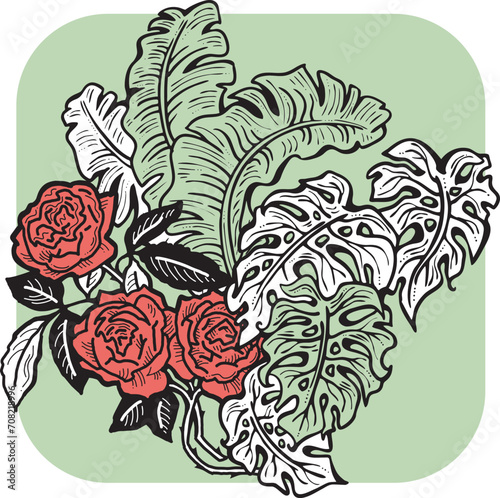 Beautiful tropical plants and flowers collection, decorative vector elements composition for invitation design, wedding arrangement. cover deco. Hand drawn illustration, romantic holiday vacation.