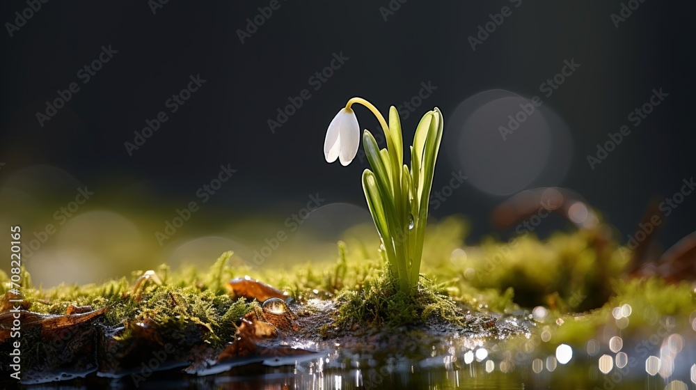 Exquisite snowdrop flower illuminated by the soft rays of the rejuvenating spring sun - obrazy, fototapety, plakaty 