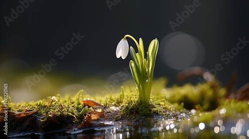 Exquisite snowdrop flower illuminated by the soft rays of the rejuvenating spring sun