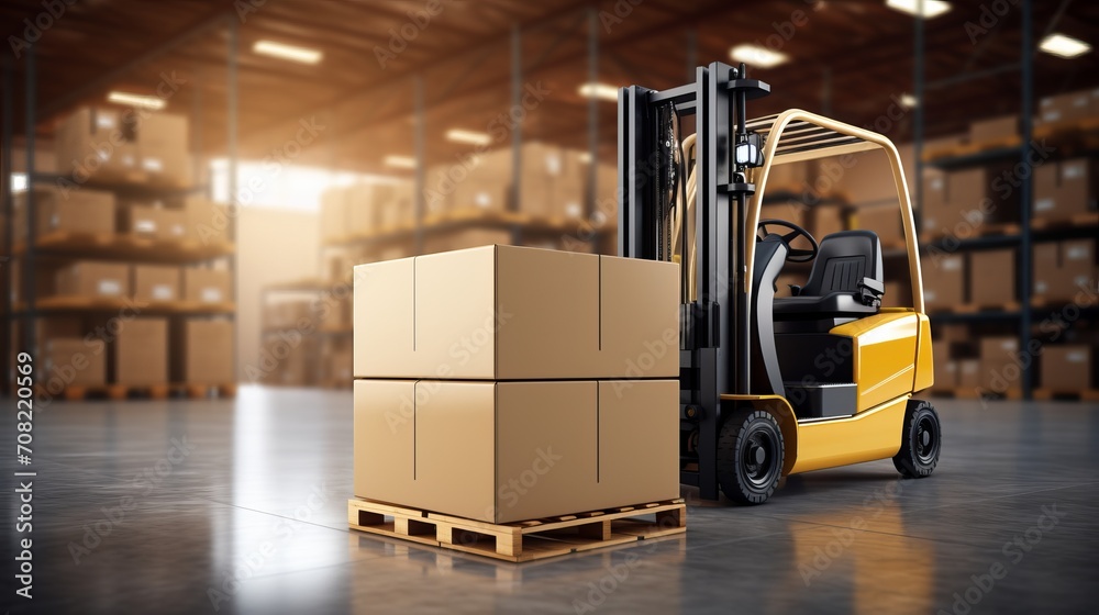 Efficient forklift stacker loader expertly loading cardboard boxes in warehouse setting