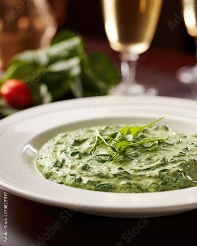 A sensory delight of creamed spinach, the creamy sauce clinging to tender leaves, enticing the palate with its velvetysmooth texture and a symphony of subtly delicious flavors. photo