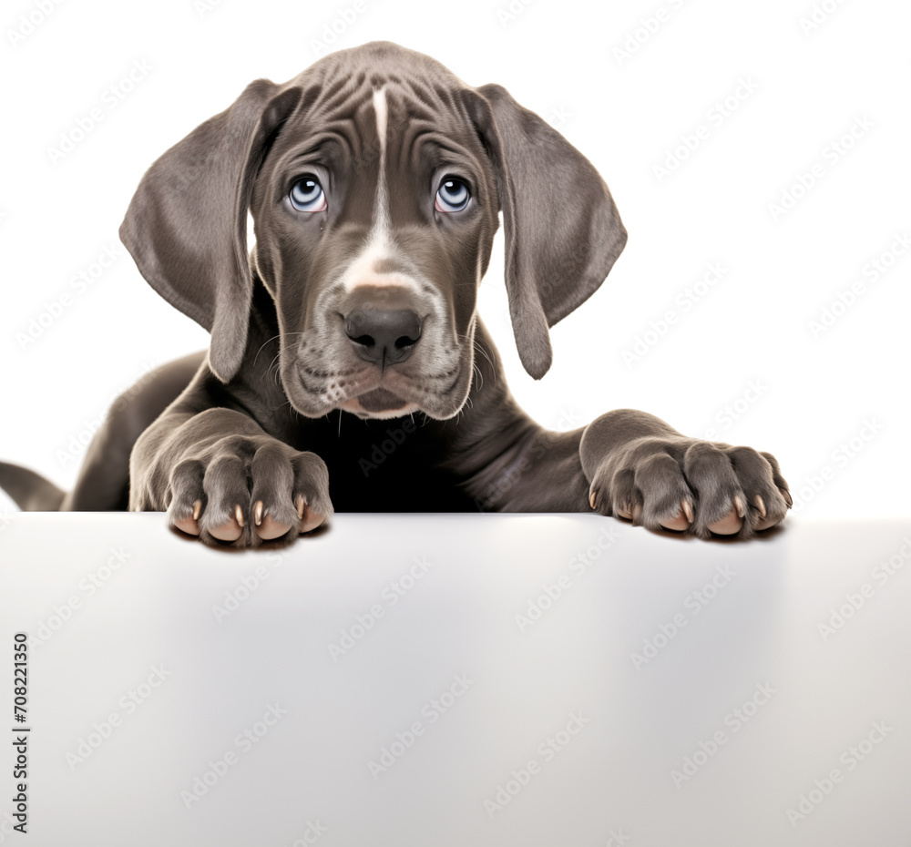 Adorable Great Dane Puppy Peeking Over Edge. empty copyspace Adorable Great Dane Puppy Peeking Over Edge. empty copyspace