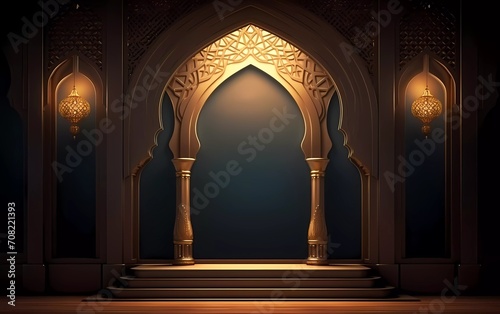Ramadan Kareem concept banner with gold 3d frame, arabesque window on dark background with beautiful arabesque pattern. generative ai