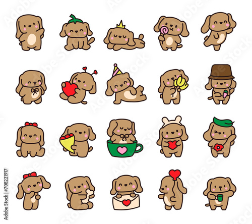 Cute kawaii little dog. Pet cartoon character. Hand drawn style. Vector drawing. Collection of design elements.