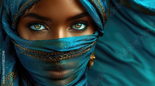close-up portrait of a beautiful african american woman with blue eyes and black skin with eastern makeup dressed in veil and elegant clothes blue big earrings and jewelry on the black background