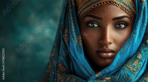 close-up portrait of a beautiful african american woman with blue eyes and black skin with eastern makeup dressed in veil and elegant clothes blue big earrings and jewelry on the black background photo