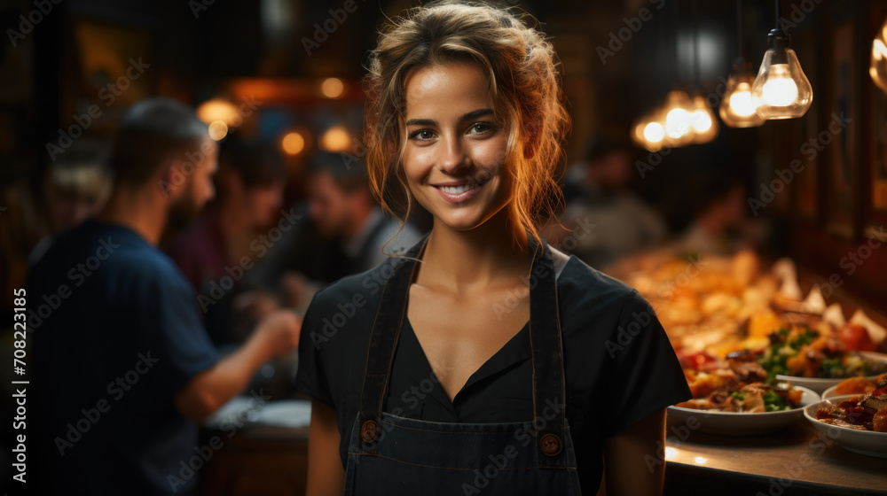 Young cheerful waitress at restaurant
