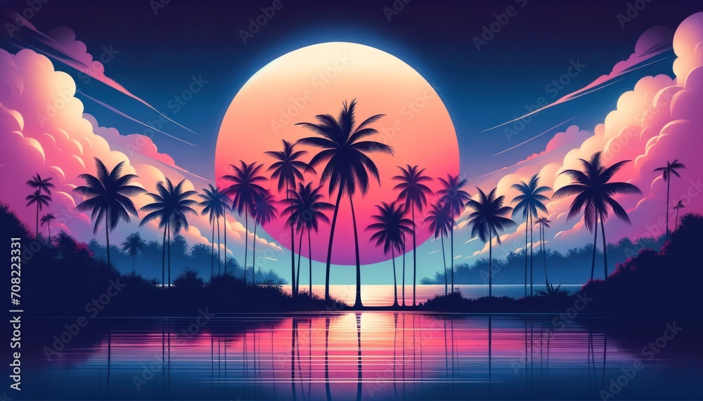 Tropical sunset with palm trees and reflection in water, illustration
